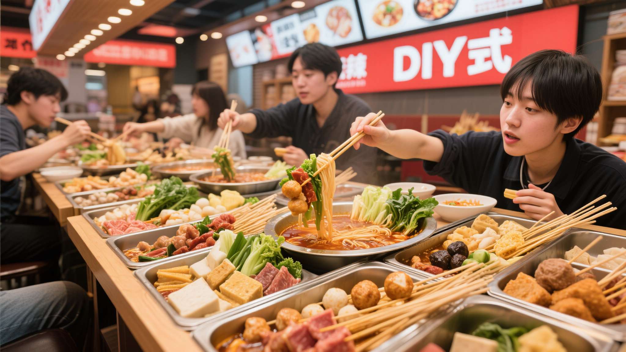 此外，麻辣烫高度的可定制性也是其成功的关键。食客可以自由搭配蔬菜、肉类、丸子、豆